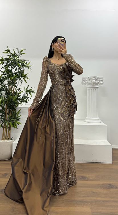 Vizon Çiçek Detay İşlemeli Abiye Elbise